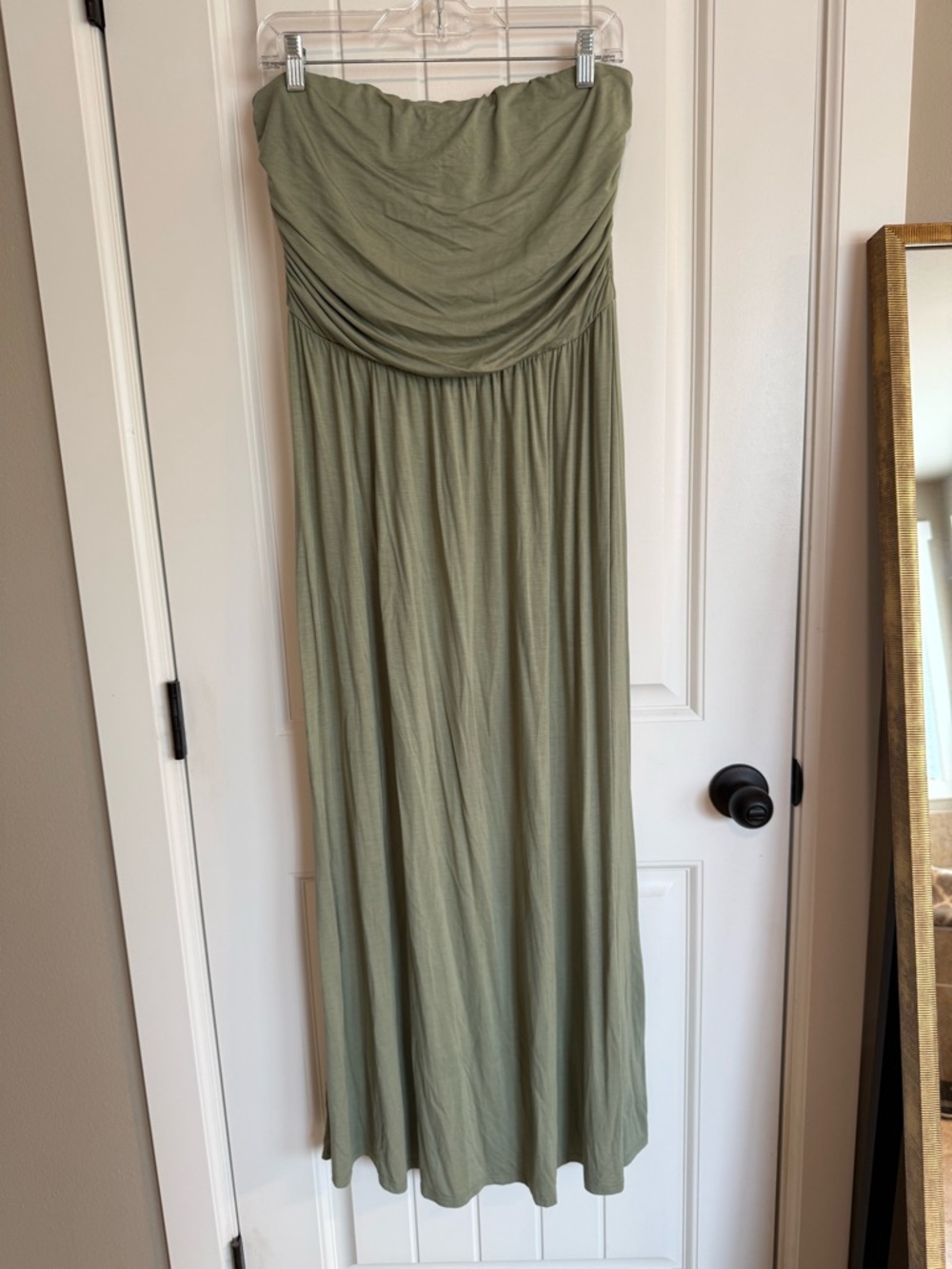 Beacon Apparel Strapless Maxi Dress Olive Green Ruched Boho Chic Stretch Size L